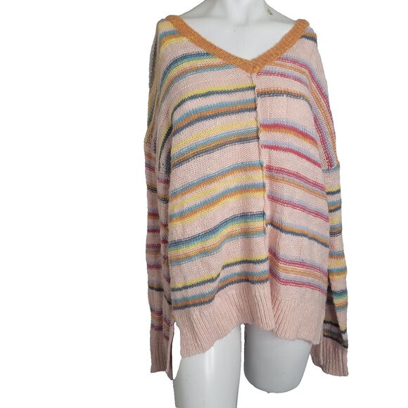 Sundance Medium Sweater striped v-neck stretch ribbed pullover colorful fun wool - Picture 2 of 10